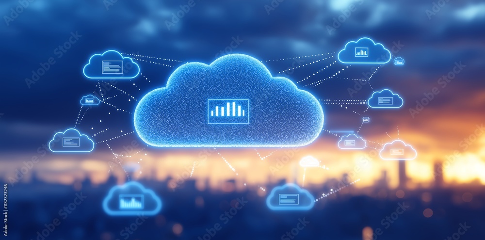 Poster illustration of cloud computing with digital connections and data analytics symbols over a city skyl
