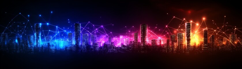 Fototapeta premium Vibrant digital cityscape with glowing neon lights, representing a futuristic urban environment. Connected nodes and lines illustrate technology networks under a starry sky.