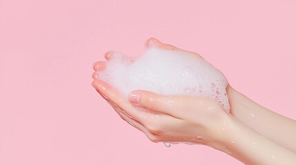 Fototapeta premium A close-up of hands washing with soap, depicted in a clean, minimal style with bubbles softly illustrated. Pink background.