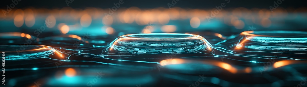 Poster abstract image of glowing circular patterns on a dark surface, creating a futuristic and technologic