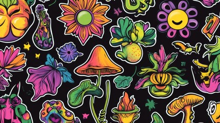 Cartoon groovy stickers 70s. Cute retro characters. Hippie style, set cute labels. Isolated on black background