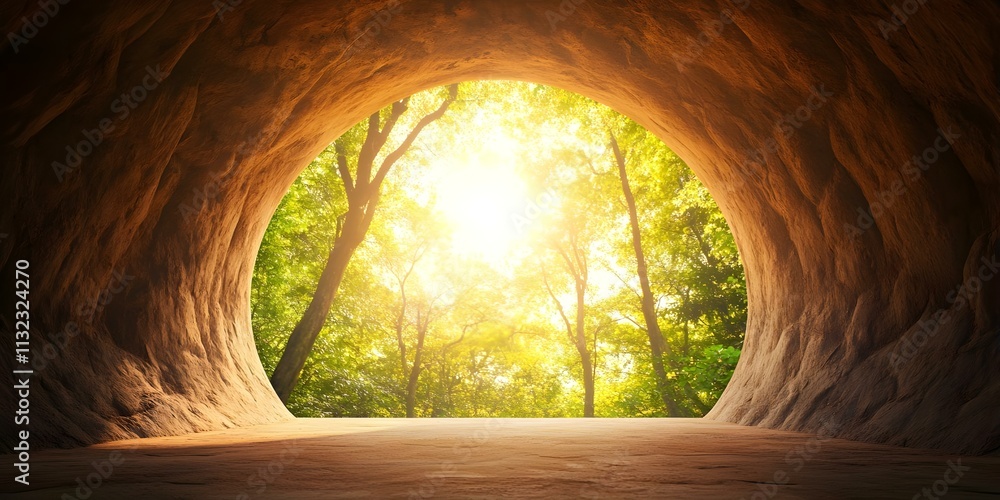 Poster a sunlit forest is visible through a circular rock opening, creating a serene and inviting atmospher