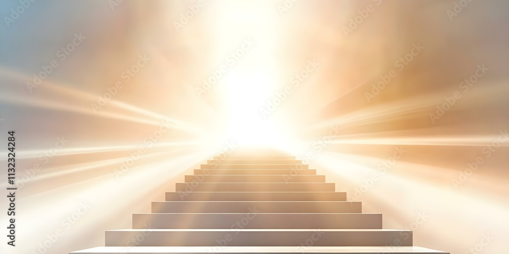 Poster a bright light emanates from the top of a staircase, creating an ethereal and uplifting atmosphere. 