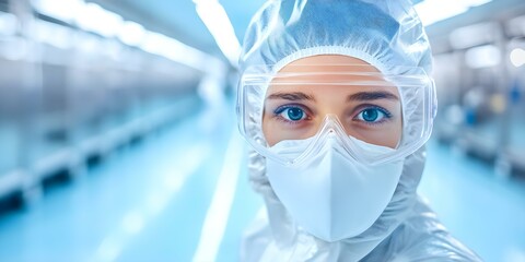 A person in a protective suit, mask, and goggles, likely in a cleanroom or laboratory environment. Concept Protective Gear, Laboratory Setting, Cleanroom Environment, Safety Protocols