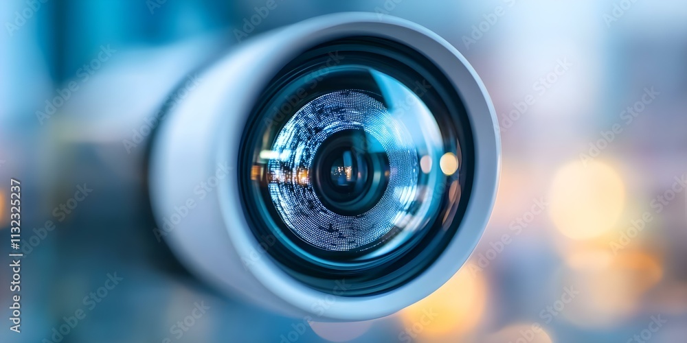 Poster a close-up view of a camera lens with reflections and bokeh in the background, showcasing its glass 