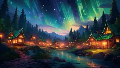 Obraz premium Fantasy village lit by lanterns beneath a surreal aurora sky