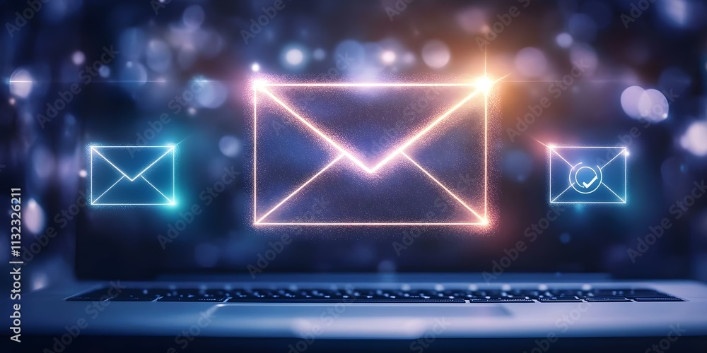 Poster an illuminated graphic of an envelope symbolizing email, surrounded by glowing icons and a blurred b