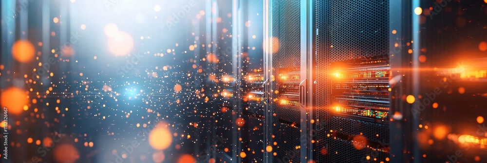 Aufkleber futuristic data center with glowing servers and vibrant particles in a high-tech environment.