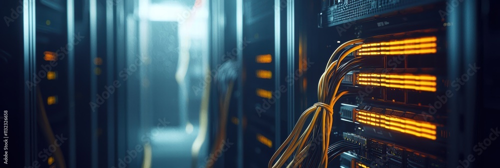 Poster close-up of illuminated server racks in a modern data center with glowing orange cables.
