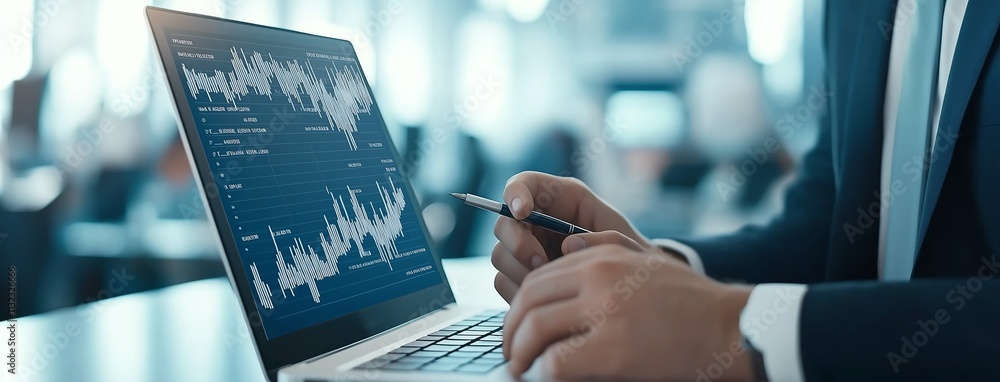 Poster businessperson analyzing financial data on laptop screen with graphs and charts. focused strategy fo