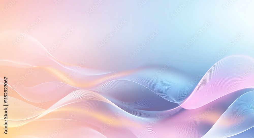Poster abstract wavy pastel gradient background featuring smooth waves in soft pink, blue, and peach tones 