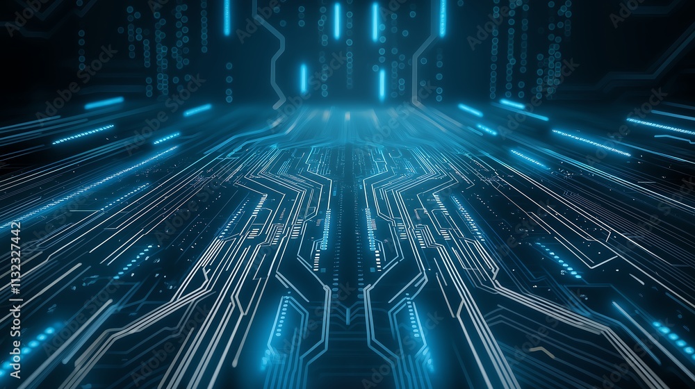Poster futuristic digital circuit board with glowing blue lights, representing advanced technology and inno