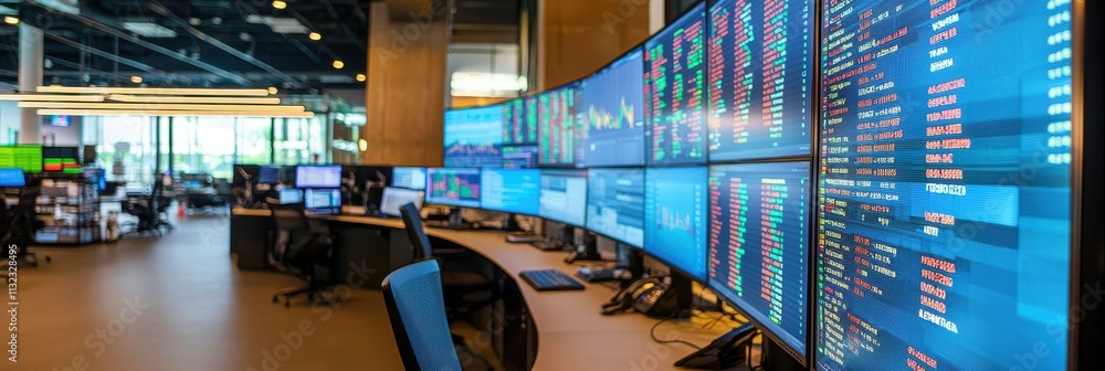 Poster a modern trading floor showcasing multiple screens with real-time stock data.