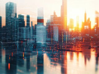Futuristic Cityscape Digital Overlay, Sunset, Skyscrapers, Data Streams