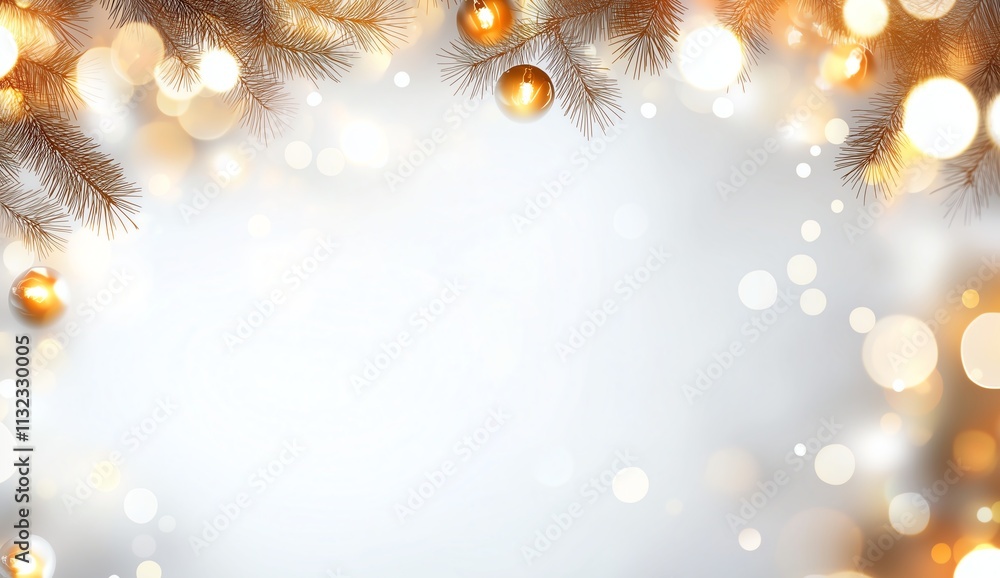Aufkleber festive background with golden baubles and pine branches. illuminated bokeh and soft lights create a