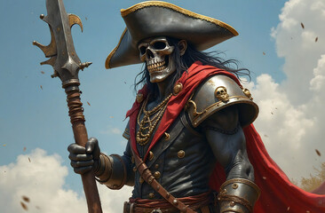 Undead pirate warrior, black skull captain with a mace, fantasy battle illustration