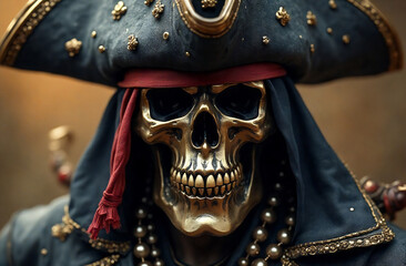 Pirate skull with decorated captain's hat, fantasy illustration