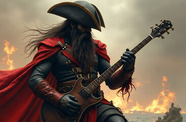 Pirate warrior plays heavy metal with an electric guitar, fantasy illustration