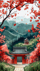 Traditional Japanese Gate Framed by Blooming Cherry Blossoms Watercolor Illustration