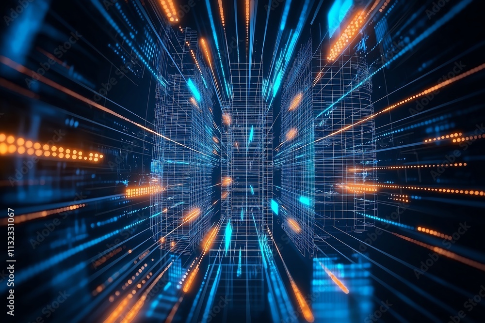 Poster futuristic digital abstract background with neon lines and glowing grids, representing advanced tech