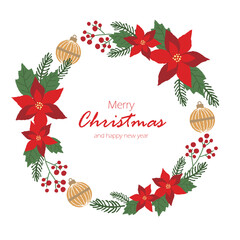 ポインセチアのクリスマスリースのイラストフレーム