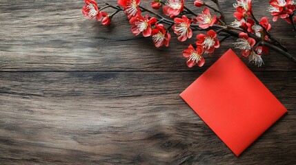A vibrant display of red envelopes symbolizing good fortune rests on a rustic wooden surface, accompanied by delicate pink and white flowers, celebrating the essence of the Lunar New Year