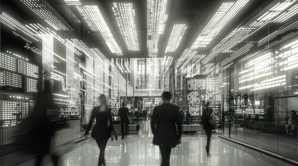 Digital Payments and Cryptocurrency Regulation Concept. modern digital currency exchange office with dynamic displays and people