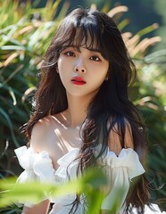 Portrait of beautiful korean female idol cute with black long hair and dramatic light