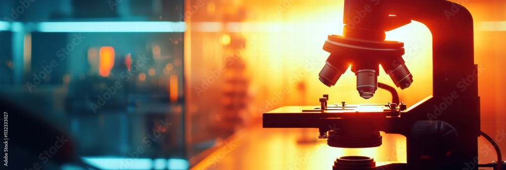 Poster silhouette of a microscope with warm lighting in a laboratory environment.