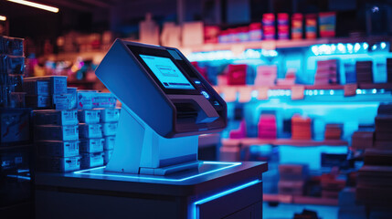 Digital Payments and Cryptocurrency Regulation Concept. futuristic digital payment kiosk in vibrant store setting