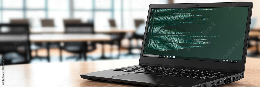 Aufkleber a close-up of a laptop displaying coding on a green screen, set in a modern office.