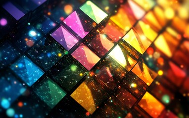 Abstract colorful geometric pattern with vibrant hues and glowing lights.