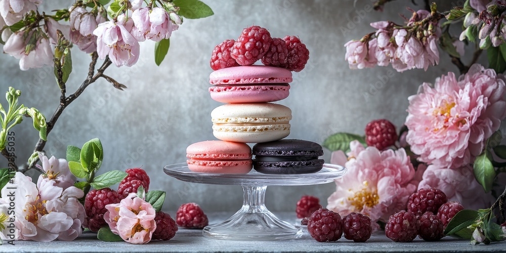 Poster captivating shooting of macaroons featuring an array of decorative elements, showcasing the artistry