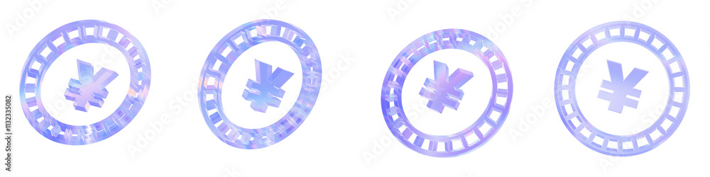 Poster set of 4 3d glass yen coin shape with aberration effect isolated on a transparent background. blue t