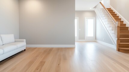 Obraz premium Minimalist living room with bright natural light, wooden flooring, and modern staircase