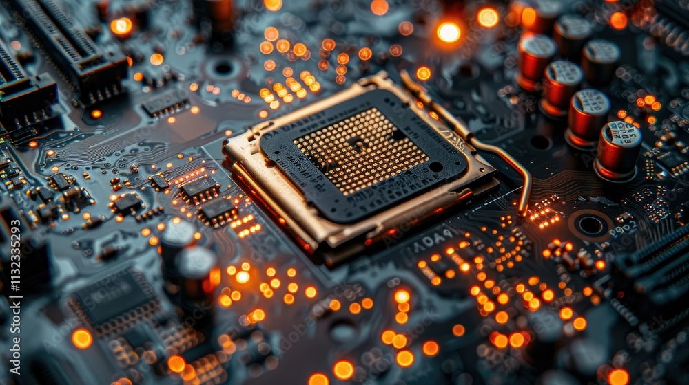 Poster close-up of a cpu on a computer motherboard with glowing components.