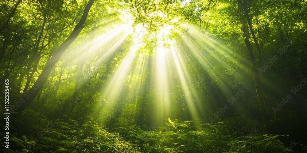 Poster beam of light filtering through the lush green forest, creating a mesmerizing scene as the vibrant g