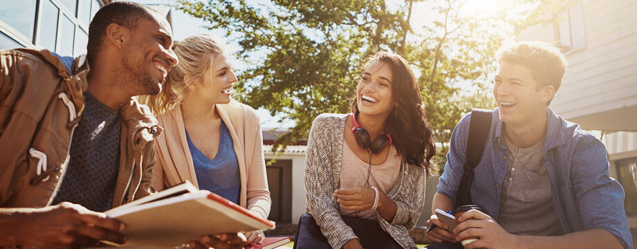 Low angle, laughing and diversity with students in college for study break, banner and future. Learning, education and friends with group of people in outdoor campus for academy, scholarship or funny