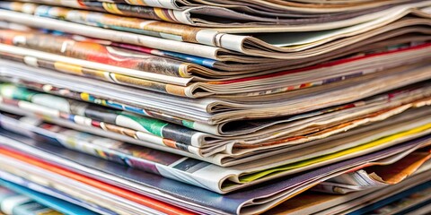 Close up of a pile of assorted magazines, stack, printed, information, pages, reading material, publications, articles