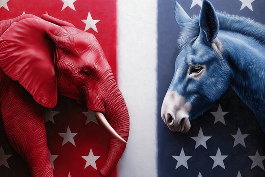 Symbolic representation of political rivalry featuring a red elephant and a blue donkey against a backdrop of stars and stripes.