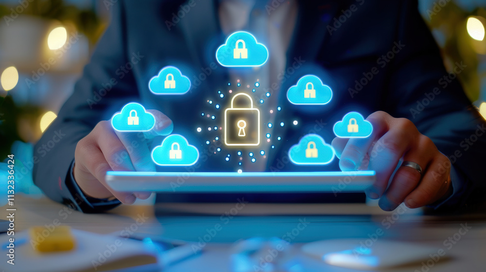 Poster a businessman holds a tablet displaying secure cloud technology with locks, symbolizing digital prot