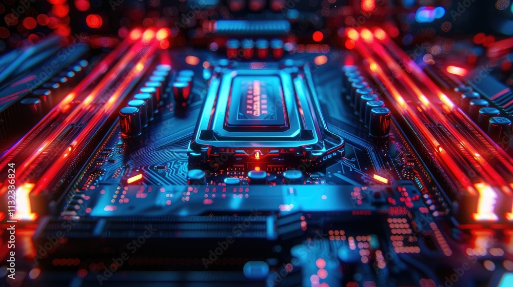 Poster close-up of illuminated computer motherboard with vibrant red and blue lighting, showcasing intricat