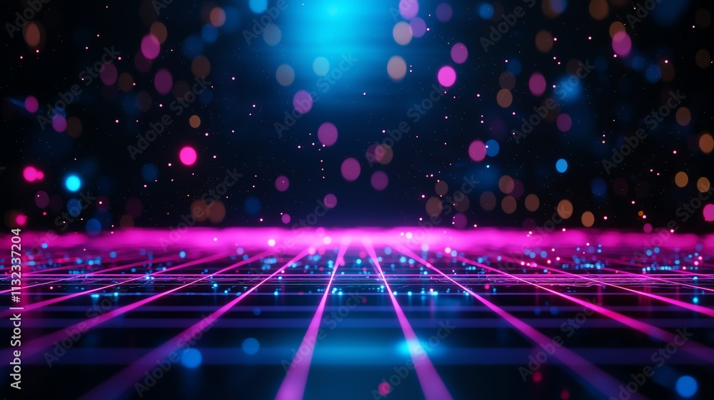 Poster futuristic neon grid with colorful bokeh lights, creating a vibrant digital landscape that evokes a 