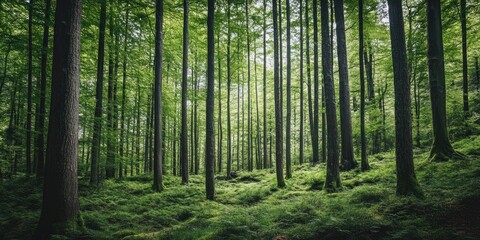 Obraz premium Breathtaking scenic view showcasing the beauty of a beech forest, with tall trees and lush greenery creating a serene atmosphere in this captivating beech forest landscape.