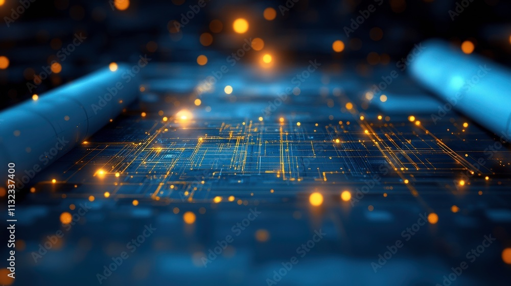 Poster abstract technology background with blue and orange lights representing circuits and data flow in a 