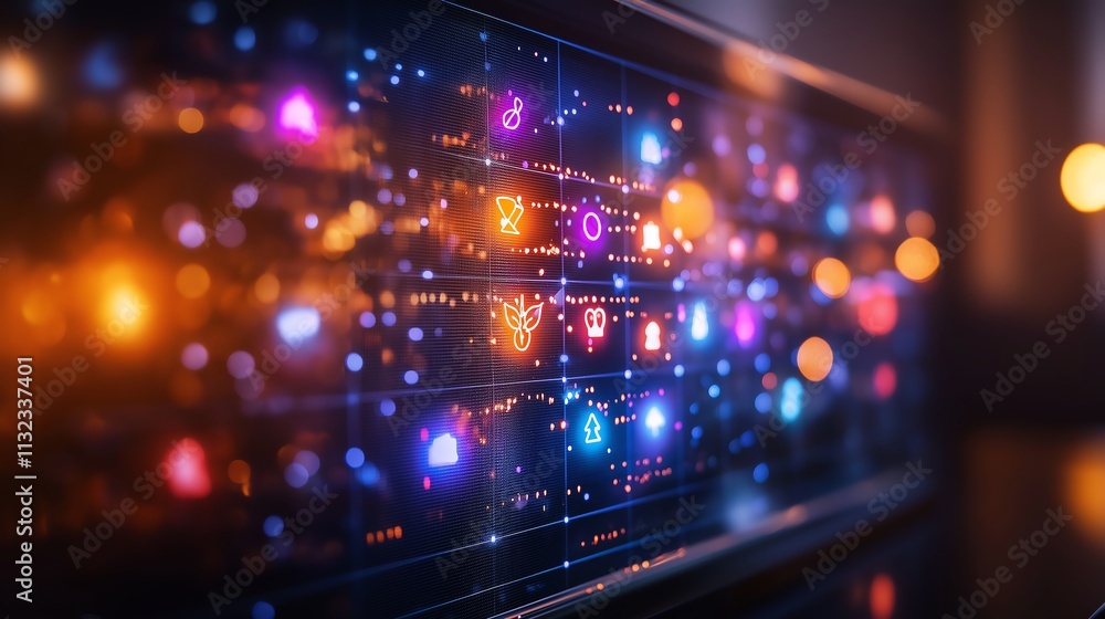 Poster futuristic digital interface with glowing neon lights and dynamic data symbols, representing advance