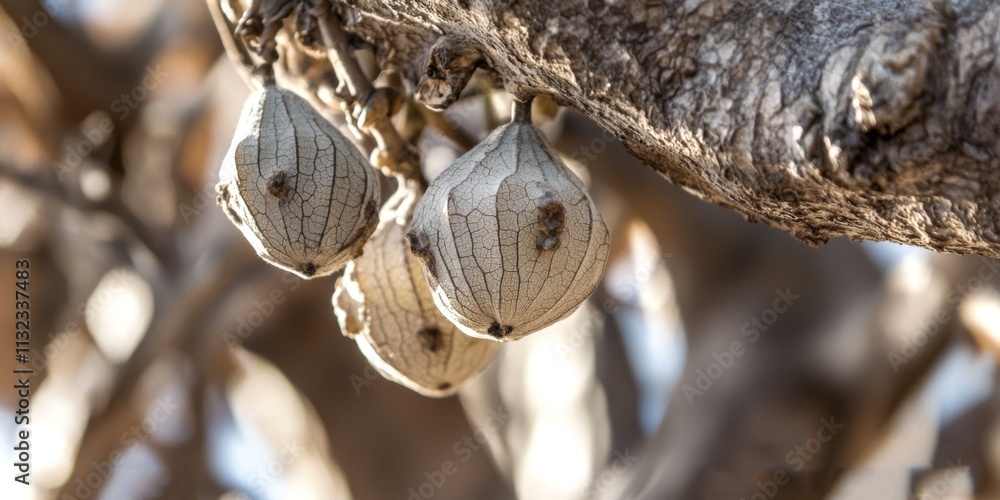 Poster three unique seed pods hang from a rustic tree branch. their textured surfaces and natural colors cr