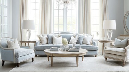Fototapeta premium Elegant living room with light blue sofa, armchairs, coffee table, and natural light.
