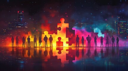 Obraz premium Diverse Silhouettes Against a Colorful Night Sky with Puzzle Pieces Symbolizing Teamwork, Unity, and Collaboration in an Urban Setting