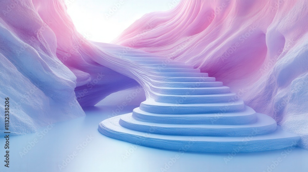 Poster ethereal journey through colorful steps in dreamlike landscape of soft pastels and smooth curves emp